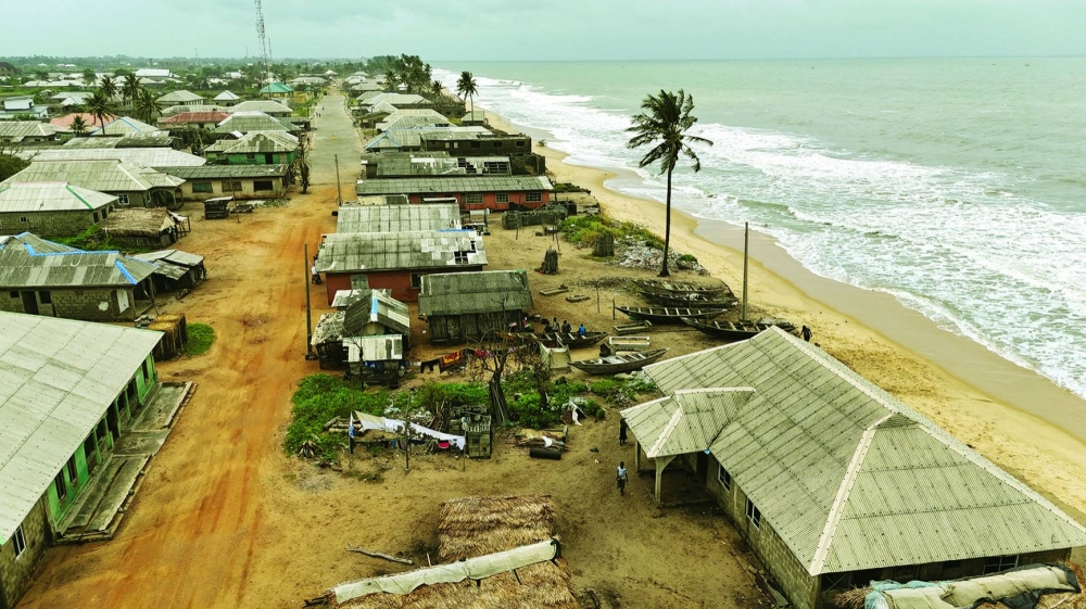 A drone view shows the Apakin community and neighbouring villages affected by ocean surge on the coastal line of Ibeju-Lekki, Nigeria.
