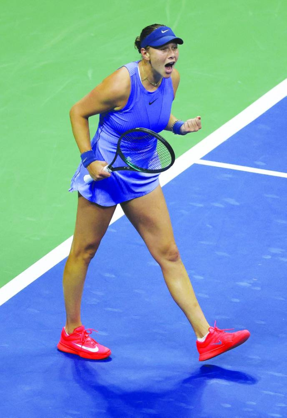 Amanda Anisimova of the United States celebrates match point after defeating Naomi Osaka of Japan in three sets during their Women's Singles Semifinal match on Day Twelve of the 2025 US Open at USTA Billie Jean King National Tennis Center on September 4, 2025, in the Flushing neighborhood of the Queens borough of New York City. (AFP)