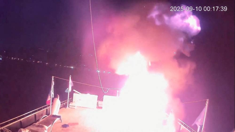 A CCTV footage shows a fire that struck Alma, a vessel of the Global Sumud Flotilla (GSF), in the Tunisian waters off the coast of Tunisia, on Tuesday, in this screengrab obtained from a handout video. 