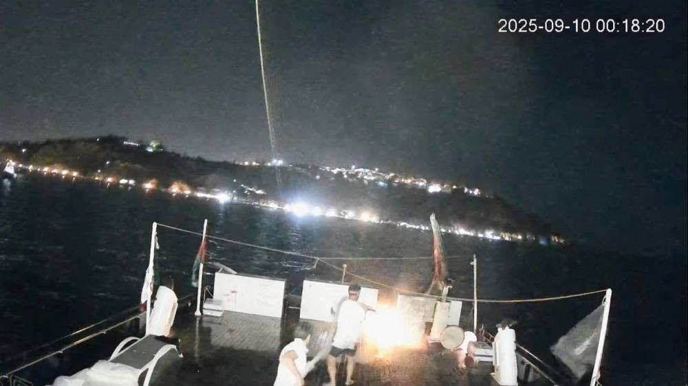 A CCTV footage shows a fire that struck Alma, a vessel of the Global Sumud Flotilla (GSF), in the Tunisian waters off the coast of Tunisia, on Tuesday, in this screengrab obtained from a handout video. 