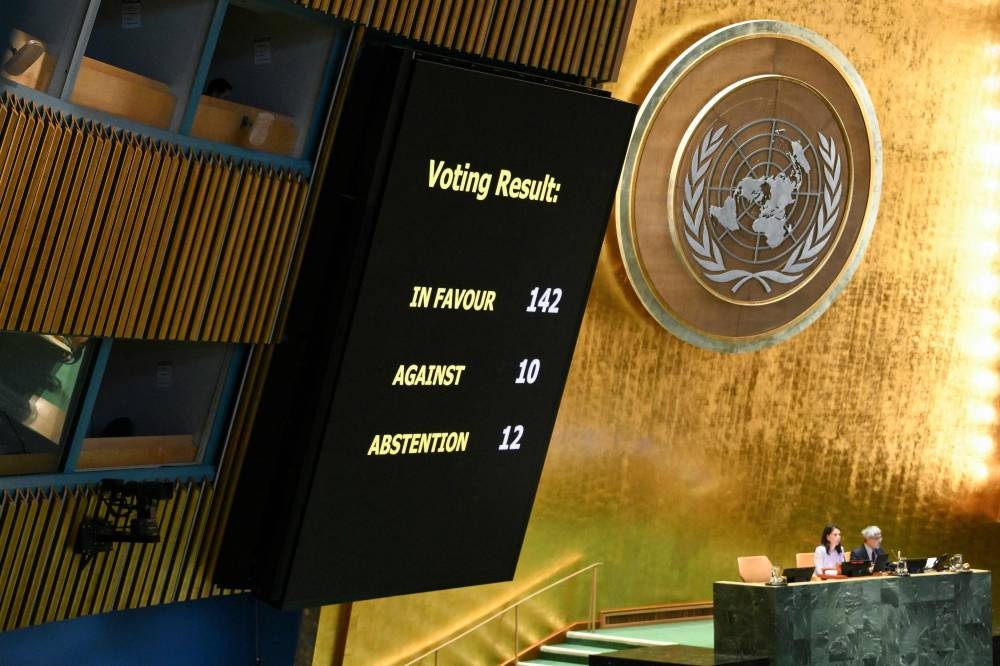 Results are displayed during a General Assembly meeting to vote on the two states solution to the Palestinian question at United Nations headquarters (UN) on Friday in New York City. AFP