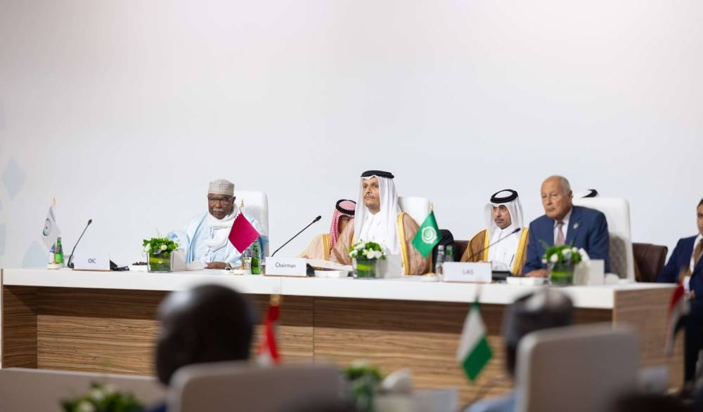 HE the Prime Minister and Minister of Foreign Affairs Sheikh Mohammed bin Abdulrahman bin Jassim al-Thani (centre), Secretary-General of the Organization of Islamic Cooperation (OIC), Hissein Brahim Taha (left) and Secretary-General of the Arab League Ahmed Aboul-Gheit attending the Preparatory Ministerial Meeting for the Emergency Arab-Islamic Summit on the Israeli attack, in Doha yesterday