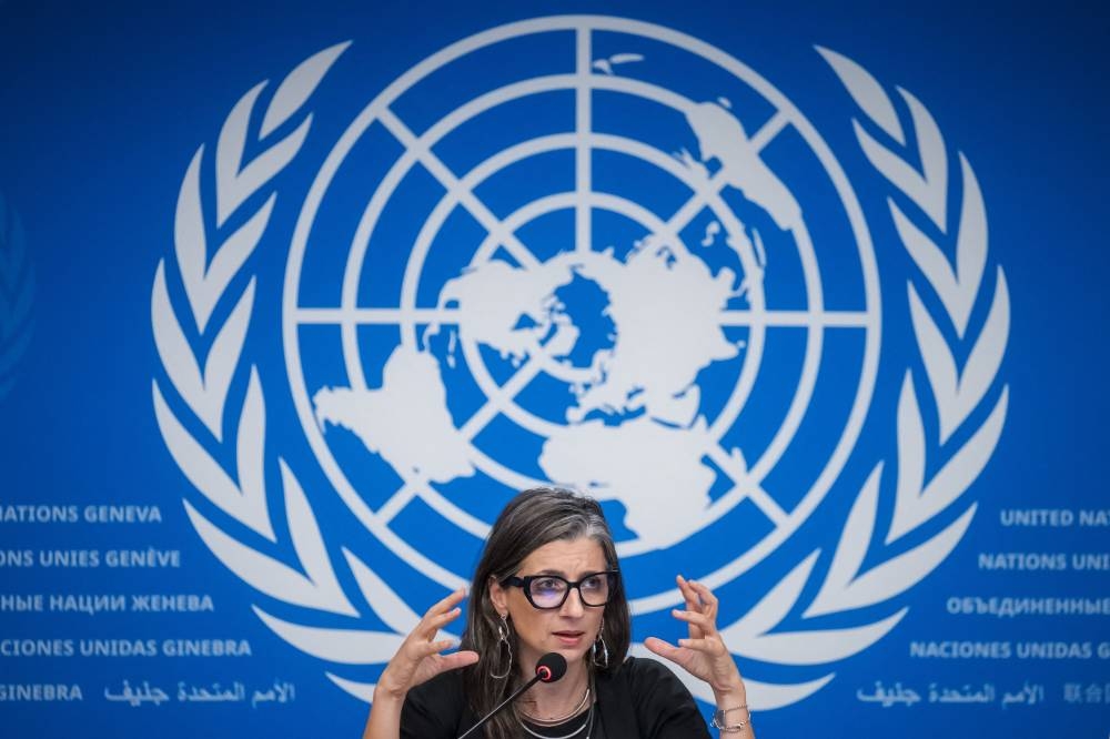 United Nations (UN) Special Rapporteur on the occupied Palestinian territories Francesca Albanese gestures as she holds a press conference on the human rights situation in Gaza in Geneva.  (AFP)