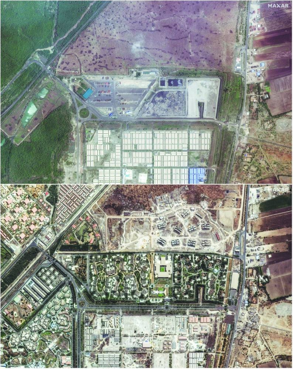 
A combination image of satellite photos shows the development of the Vantara wildlife centre, run by the philanthropic arm of tycoon Mukesh Ambani’s Reliance Industries, in Jamnagar, Gujarat, India, on June 16, 2020 (top), and the wildlife centre in May 3, 2025. 