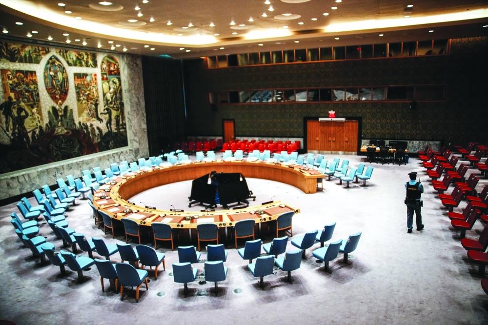 A security officer stands guard at the Security Council Chamber ahead of a UN Security Council vote on a draft resolution demanding a ceasefire in Gaza, at the UN headquarters in New York City, last week.