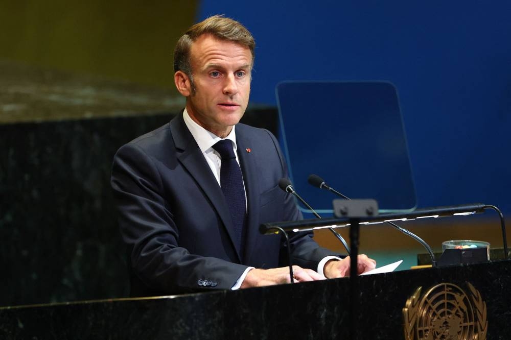 France's President Emmanuel Macron speaks during a United Nations Summit on Palestinians at UN headquarters during the United Nations General Assembly (UNGA) in New York on Monday. AFP