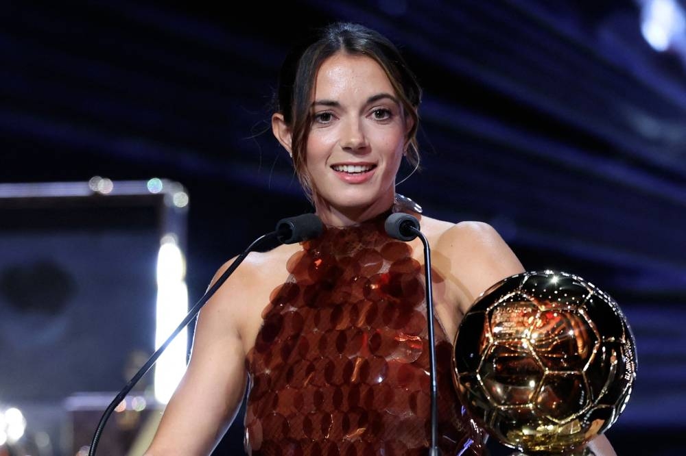 Barcelona's Spanish midfielder and Ballon d’Or 2024 winner Aitana Bonmati reacts after receiving the Woman Ballon d'Or award during the 2025 Ballon d'Or France Football award ceremony at the Theatre du Chatelet in Paris on Monday. AFP