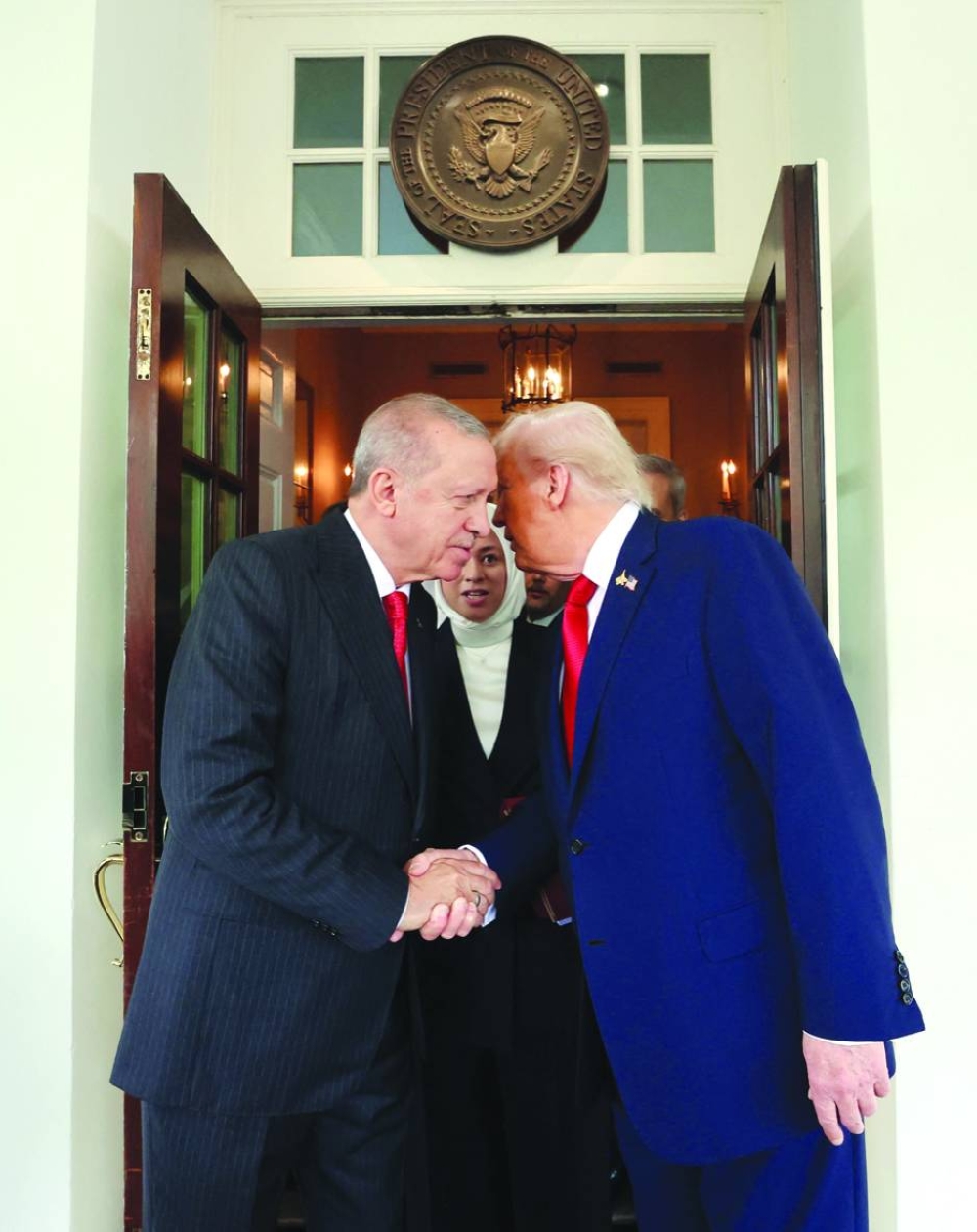  Trump bidding farewell to Erdogan following a meeting in the Oval Office at the White House yesterday.
