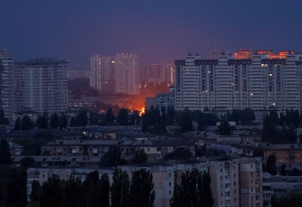 An explosion of a drone lights up the cityscape during Russian missile and drone strike, amid Russia's attack on Ukraine, in Kyiv, Ukraine September 28, 2025. REUTERS