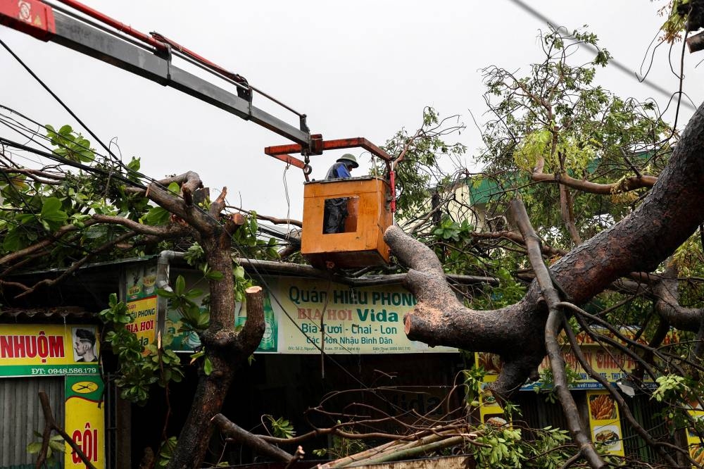 A worker removes a fallen tree from a local shop after Typhoon Bualoi makes landfall in Nghe An province, Vietnam, on Monday. REUTERS