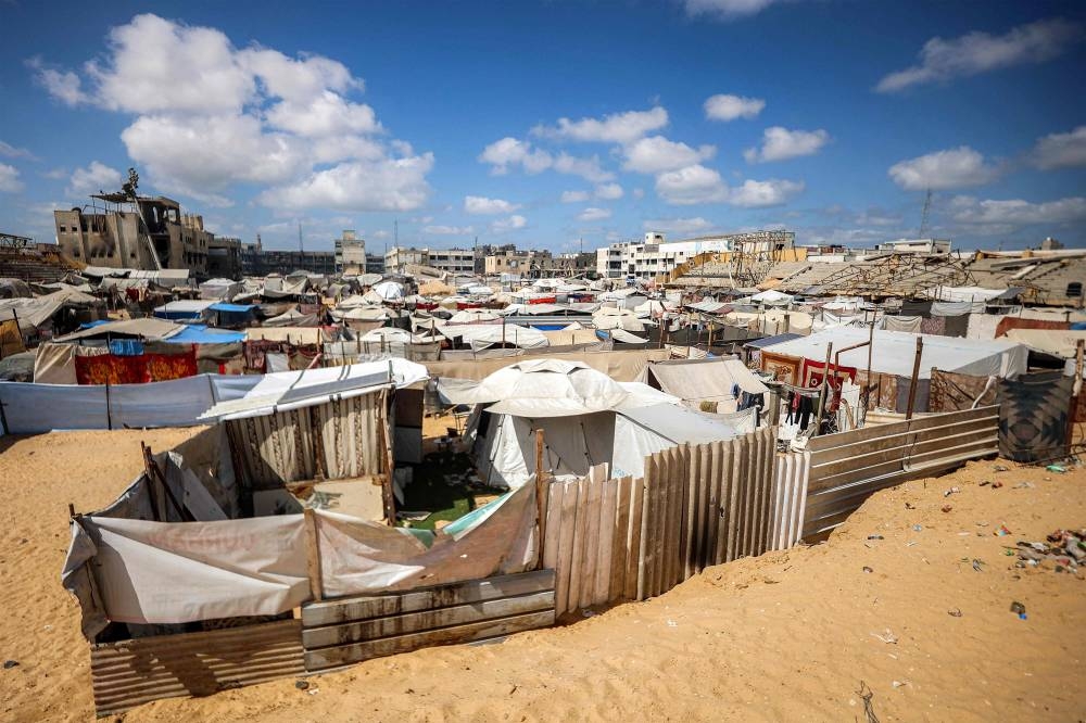 Tents are pitched at a make-shift camp for people displaced by conflict in Khan Yunis in the southern Gaza Strip, on Tuesday. AFP