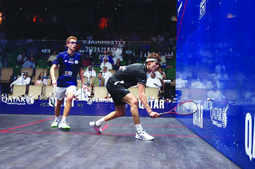 England’s Jonah Bryant (right), who defeated Egypt’s Mohamed Zakaria 3-2 (6-11, 16-14, 10-12, 11-9, 11-7) in Doha Tuesday