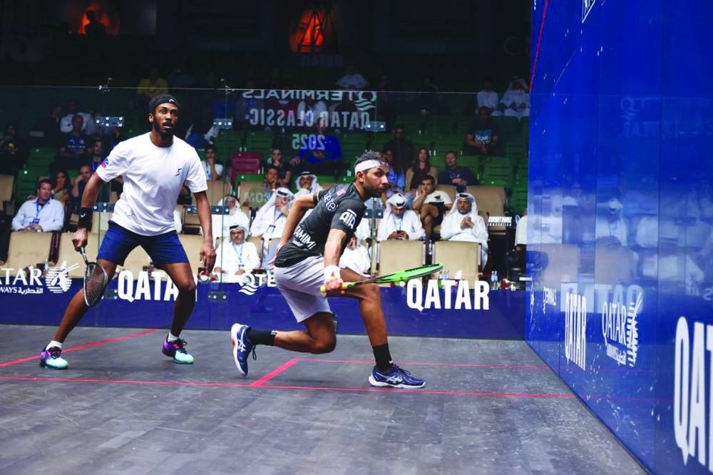Qatar’s Abdulla al-Tamimi during his win over Sebastien Bonmalais of France at QTerminals Qatar Classic Tuesday. Al-Tamimi won 8-11, 11-9, 11-7, 11-7 in 56 minutes.