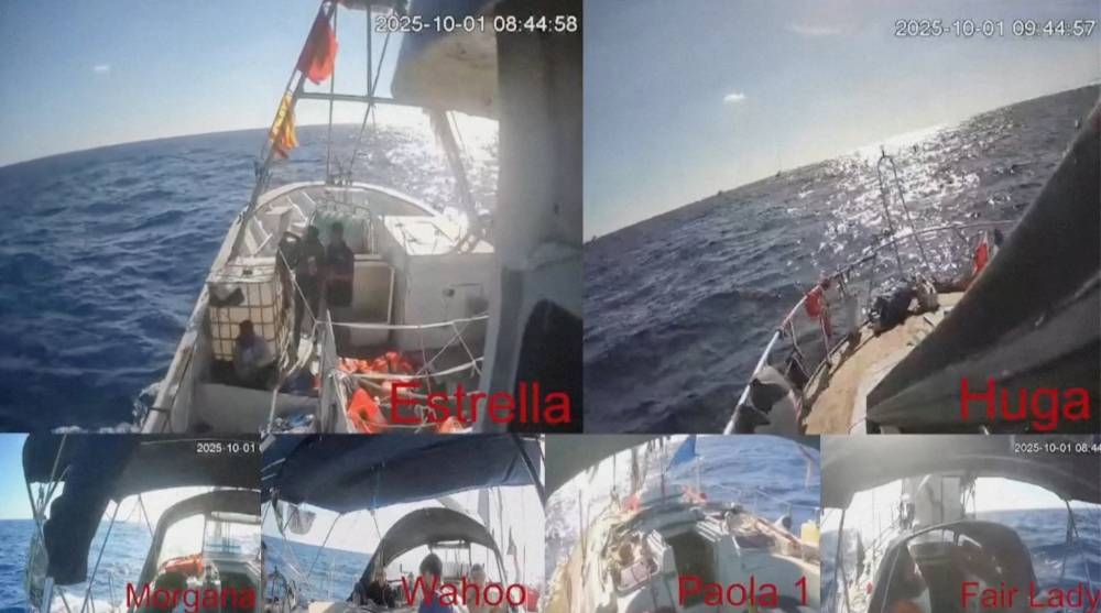 A screengrab from a video shows a multi-view screen with live-feed from global sumud flotilla boats sailing to Gaza, mid-sea, on Wednesday. Global Sumud Flotilla via REUTERS TV  