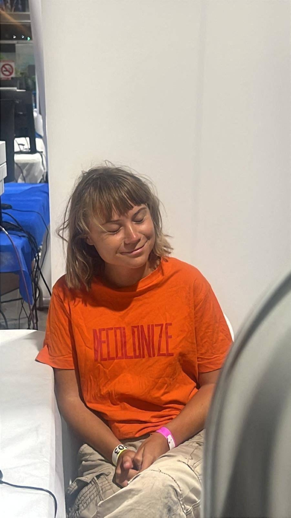 Swedish activist Greta Thunberg sits at an unknown location, after Israel intercepted the vessels of the Global Sumud Flotilla aiming to reach Gaza and break Israel's naval blockade, in this handout image released, on Friday.