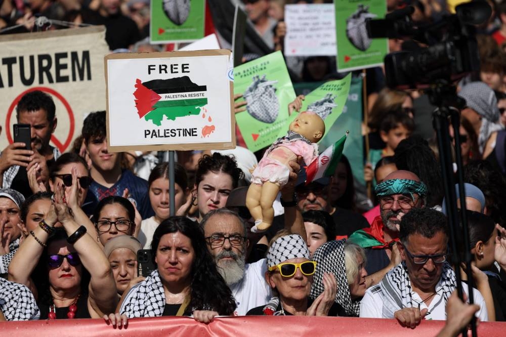 Participants march during a demonstration in solidarity with Palestinians in Barcelona on Saturday. AFP
