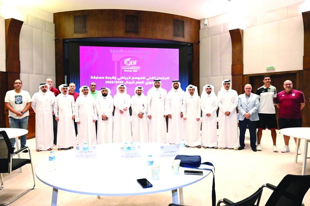 The Qatar Basketball Federation (QBF) officials headed by Secretary General Saadoun al-Kuwari and club representives pose on Tuesday after the draw for Men’s League for the 2025-2026 season at Al Waseel Hall in the Qatar Olympic Committee headquarters. 