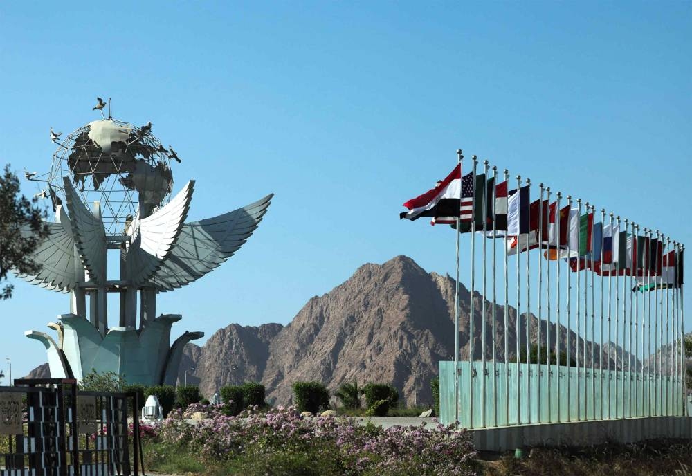 US flag flutters among others, during preparations for an international summit on Gaza, amid a ceasefire between Israel and Hamas, at the Red Sea resort of Sharm el-Sheikh, Egypt, on Saturday. REUTERS