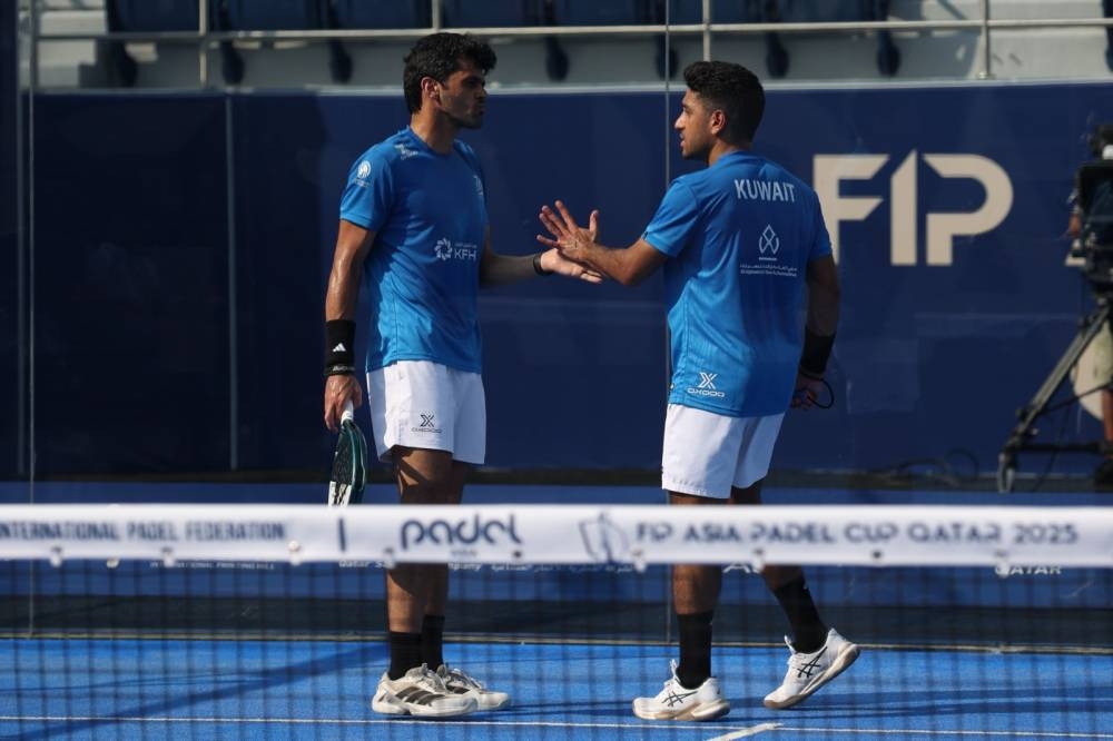Kuwait players a celebrate a point during their win against Bahrain on day two of the FIP Asia Padel Cup in Doha on Saturday. Kuwait won 2-1.