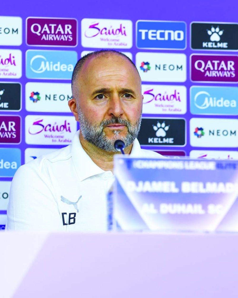 Al Duhail coach Djamel Belmadi during a press conference in Abu Dhabi.
