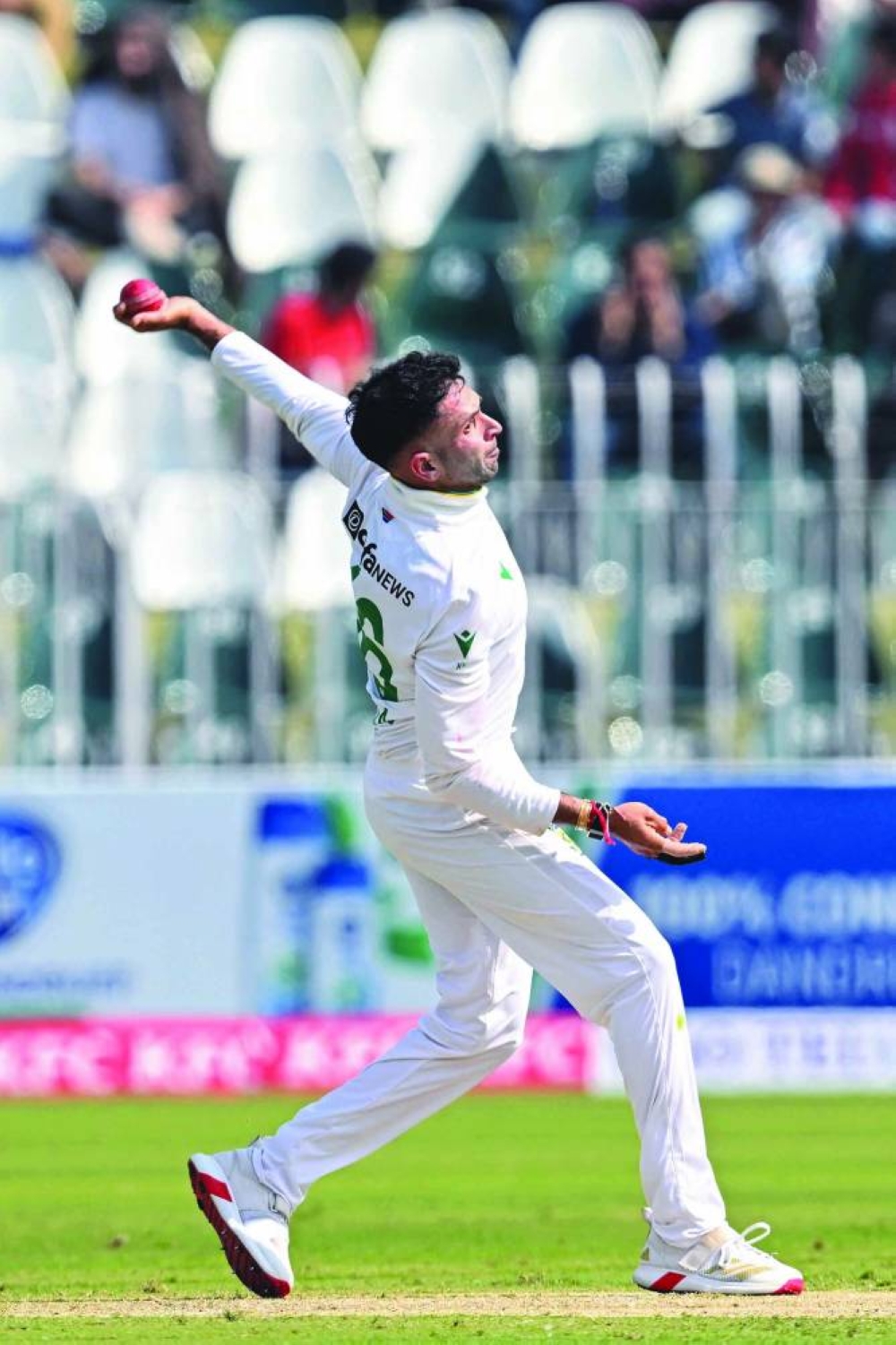South Africa's Keshav Maharaj delivers a ball during the first day of the second Test against Pakistan in Rawalpindi on Monday. AFP