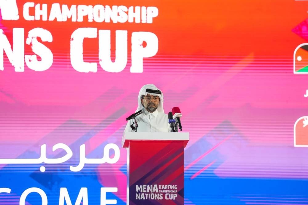 Abdulrahman bin Abdullatif al-Mannai, President of QMMF and Lusail International Circuit, speaks at the launch of MENA Karting Championship Nations Cup 2025 at the Lusail Karting Circuit.