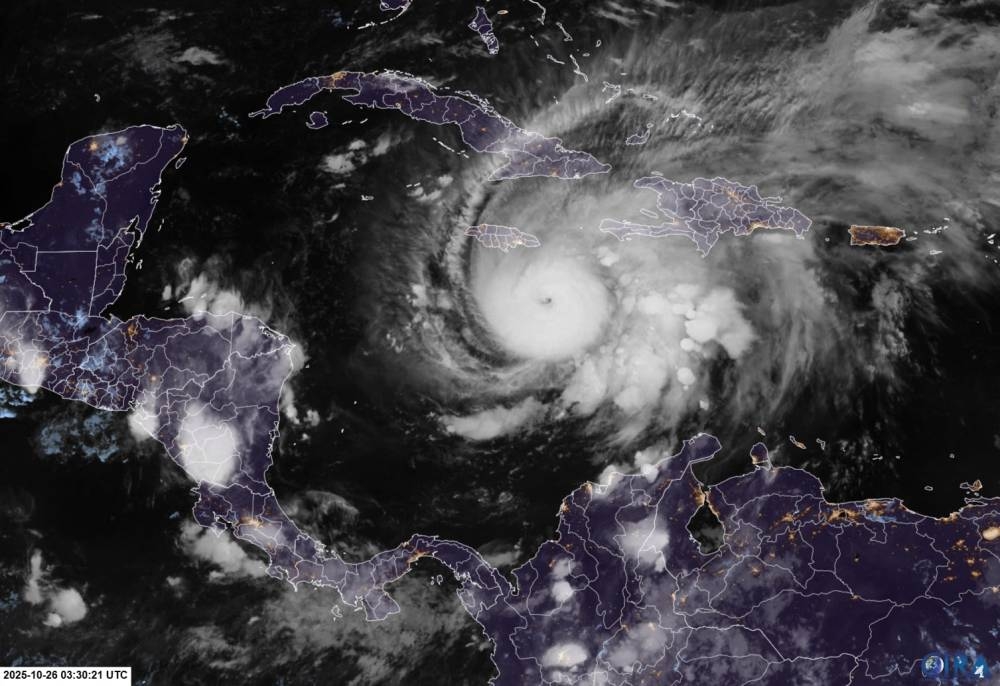 This RAMMB/CIRA handout satellite image shows Hurricane Melissa southeast of Jamaica at 03:30 UTC on Sunday. AFP/RAMMB/CIRA