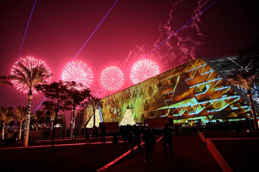 Fireworks light up the sky during the opening ceremony of the Grand Egyptian Museum (GEM) in Giza, on the southwestern outskirts of the capital Cairo on Saturday. AFP