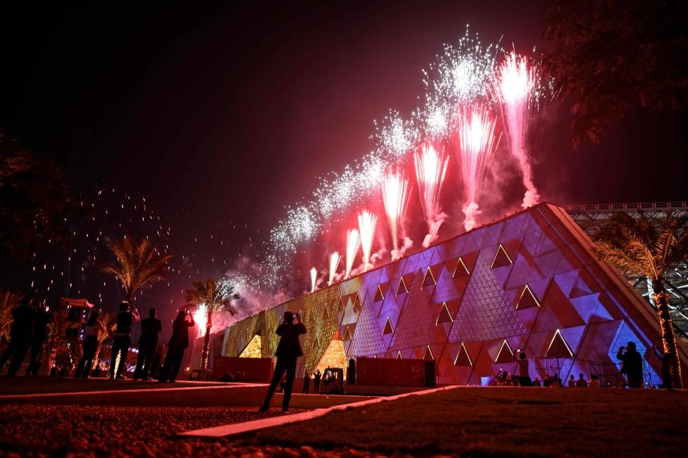 Fireworks light up the sky during the opening ceremony of the Grand Egyptian Museum (GEM) in Giza, on the southwestern outskirts of the capital Cairo on Saturday. AFP