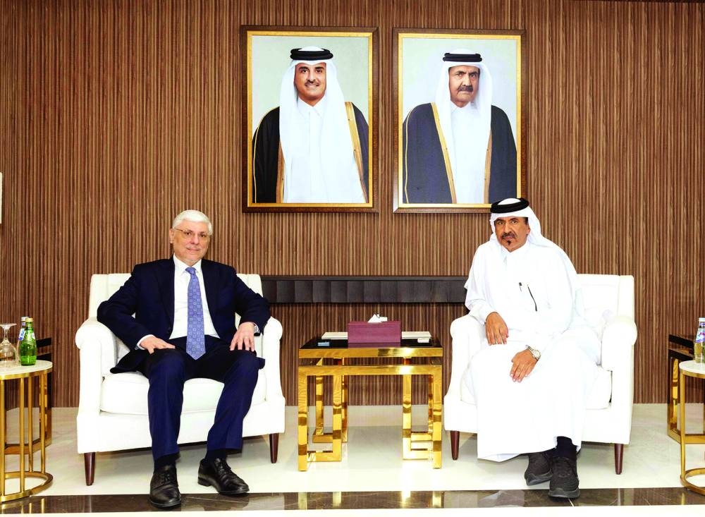 Qatar Chamber first vice-chairman Mohamed bin Towar al-Kuwari during a meeting with Iraqi ambassador Mohammed Jaafar al-Sadr in Doha today.