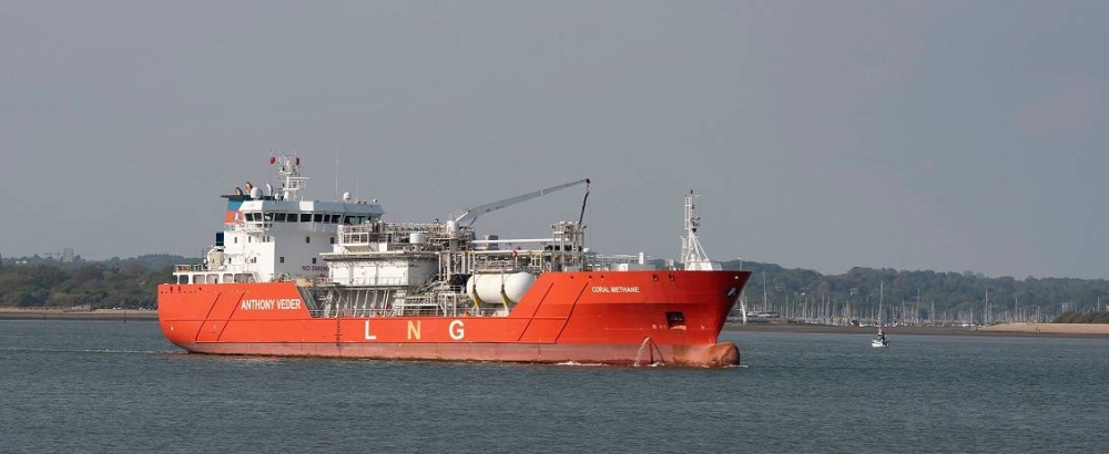 The LNG tanker Coral Methane sailing on Southampton Water. Asian spot liquefied natural gas prices were flat this week, as ample supplies and soft demand kept a lid on gains. Picture supplied by the Abdullah bin Hamad Al-Attiyah International Foundation for Energy and Sustainable Development.