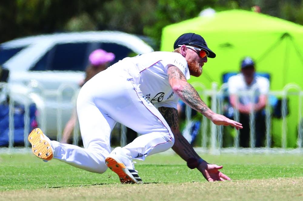 England’s Ben Stokes fields the ball during the Ashes tour warm-up match against England Lions XI at Lilac Hill Park in Perth Saturday. (AFP)