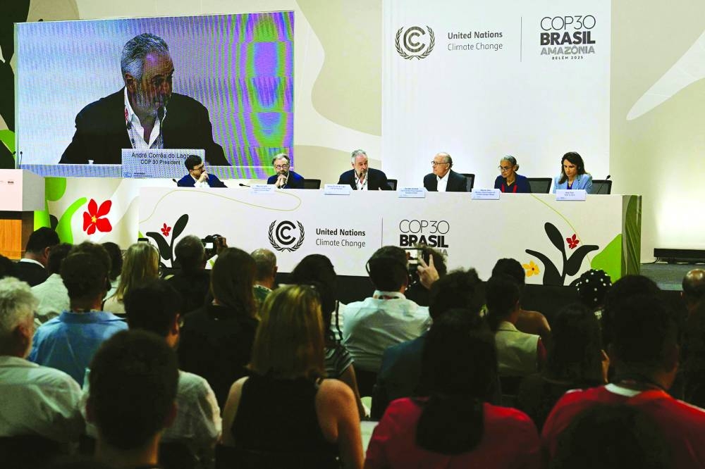 
(Second left to right) Brazil’s Secretary for Climate, Energy and Environment at the Foreign Ministry Mauricio Lyrio; COP30 President Andre Correa do Lago; Brazil’s Vice-President and Minister of Industry and Trade Geraldo Alckmin; Brazil’s Environment Minister Marina Silva; and COP30 CEO Ana Toni during a press conference during the COP30 UN Climate Change Conference in Belem, Para state, Brazil, on Monday. (AFP) 