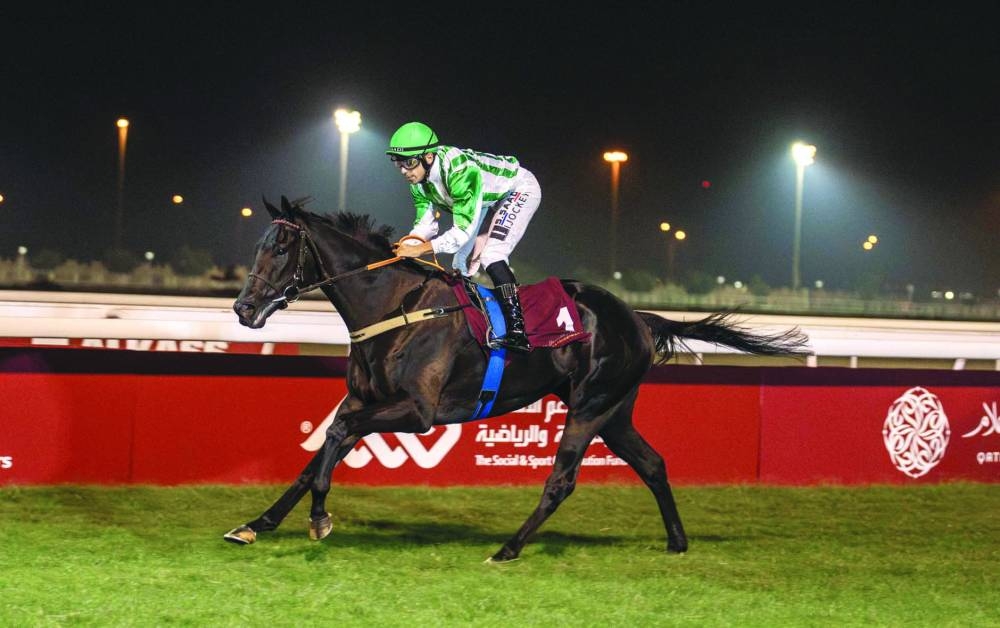 Jockey Soufiane Saadi guided Aeon’s Aegis to the Thoroughbred Derby Trial win at the Al Uqda Racecourse Thursday. 