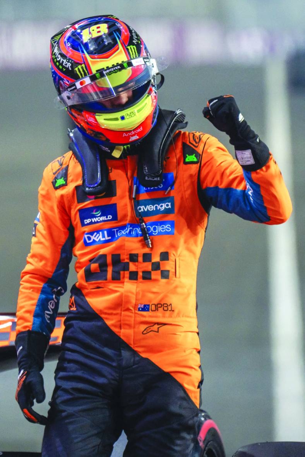 McLaren's Australian driver Oscar Piastri celebrates after securing pole position at the end of the qualifying session ahead of the Formula One Qatar Grand Prix at the Lusail International Circuit in Lusail Saturday.
