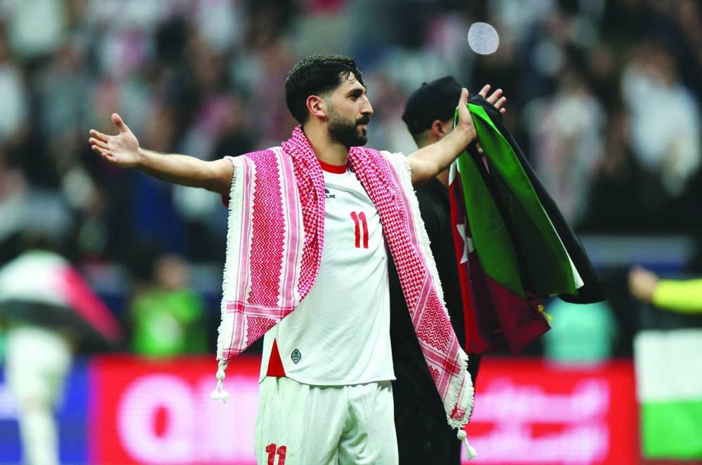 Soccer Football - FIFA Arab Cup - Qatar 2025 - Group C - Jordan v United Arab Emirates - Al Bayt Stadium, Al Khor, Qatar - December 3, 2025
Jordan's Yazan Al-Naimat celebrates after the match REUTERS/Mohammed Salem