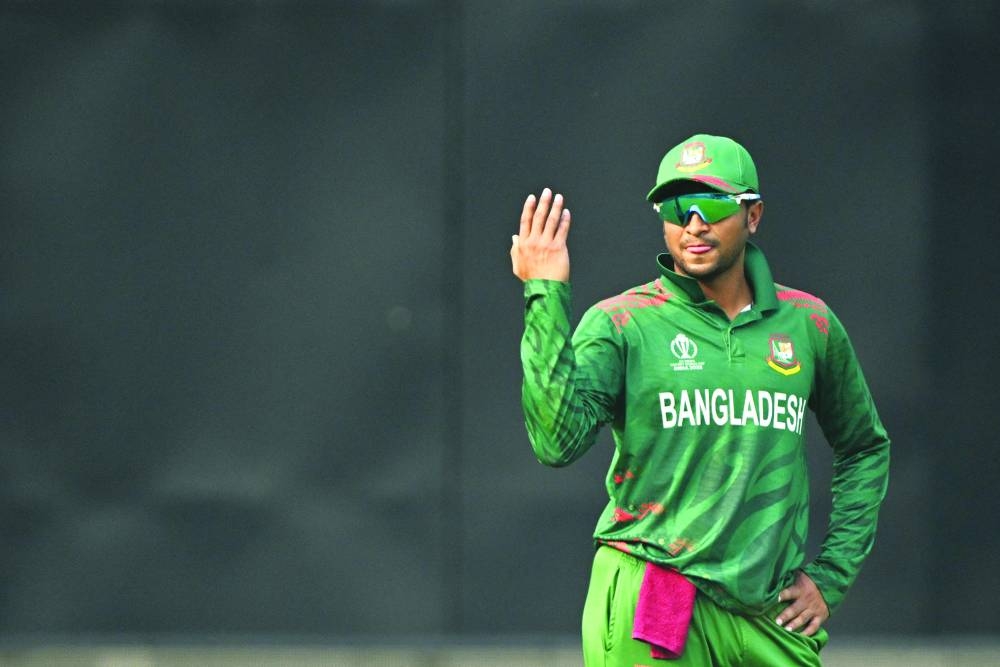 Bangladesh's captain Shakib Al Hasan gestures during the ICC World Cup match against Sri Lanka in New Delhi yesterday. (AFP)