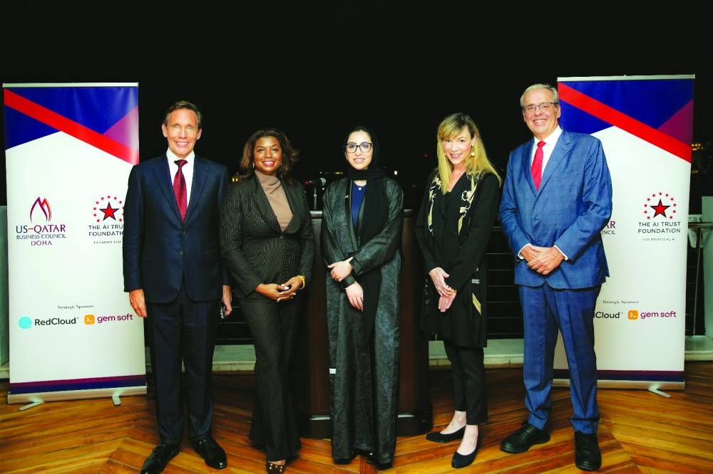 USQBC Doha managing director Sheikha Mayes Hamad al-Thani (centre) joins (from left) Justin Floyd, co-founder and CEO of Nasdaq-listed company, RedCloud Technologies, and AI Trust Foundation board member; Leah Perry, vice-chair, AI Trust Foundation; Elizabeth Vella Moeller, co-founder, AI Trust Foundation; and Michael Jordan, CEO of Gem Soft, during a reception held recently in Doha.