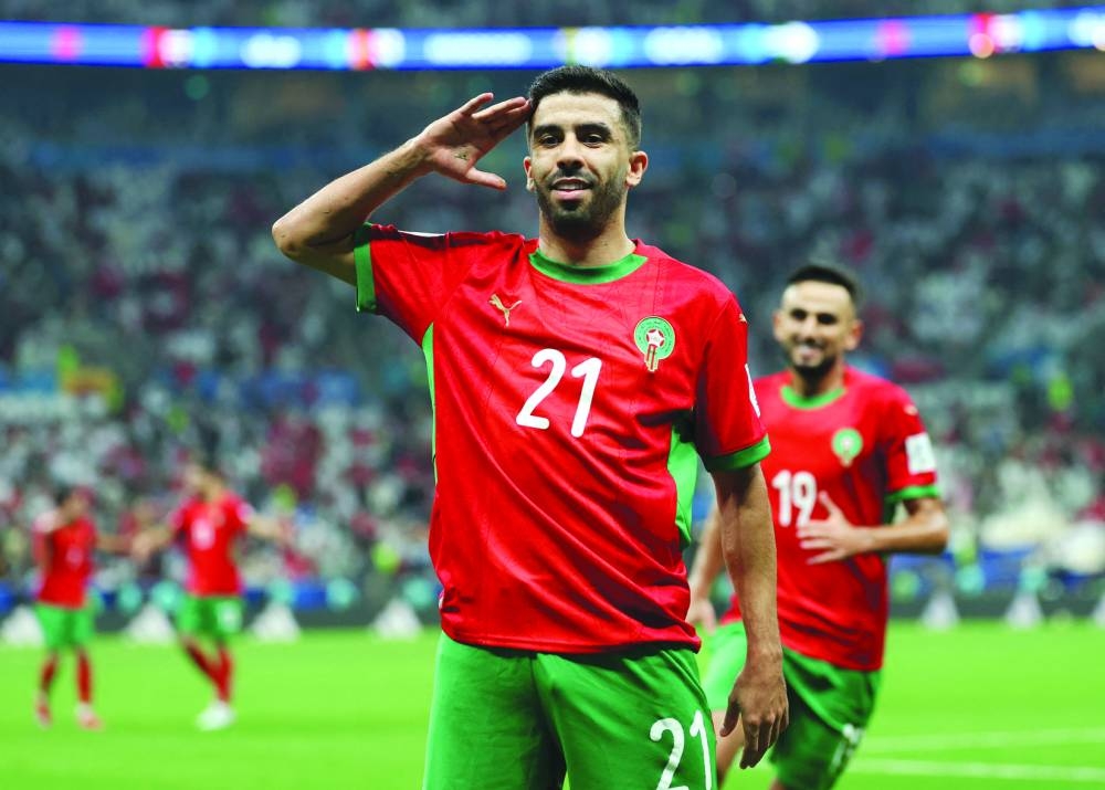 Soccer Football - FIFA Arab Cup - Qatar 2025 - Group B - Morocco v Saudi Arabia - Lusail Stadium, Lusail, Qatar - December 8, 2025
Morocco's Karim El Berkaoui celebrates scoring their first goal REUTERS