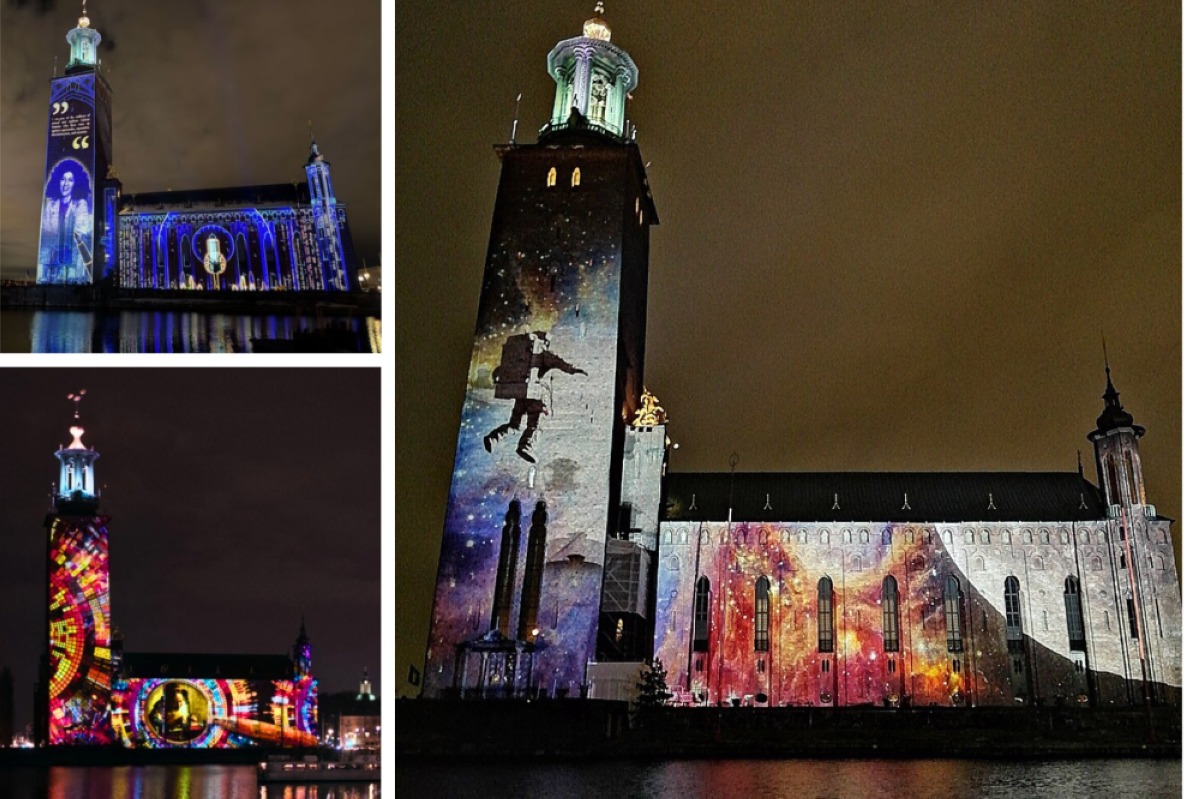 Each year during Nobel Week, Stockholm City Hall is illuminated with artistic light installations, celebrating the building where the Nobel Prize banquet is held.