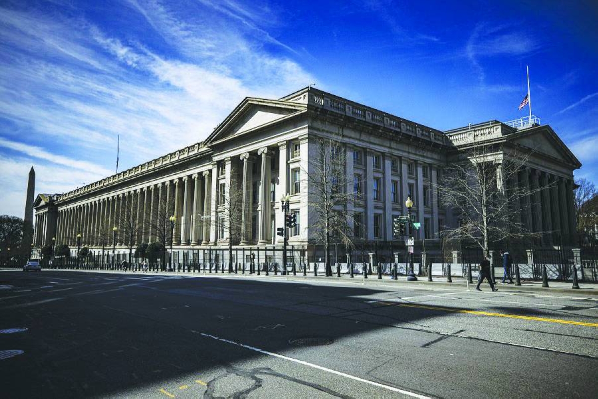 The US Treasury building in Washington, DC. Long-term Treasuries fell, lifting the 30-year bond’s yield to the highest level since early September, as the implications of this week’s Federal Reserve interest-rate cut and policy stance filtered into the market.