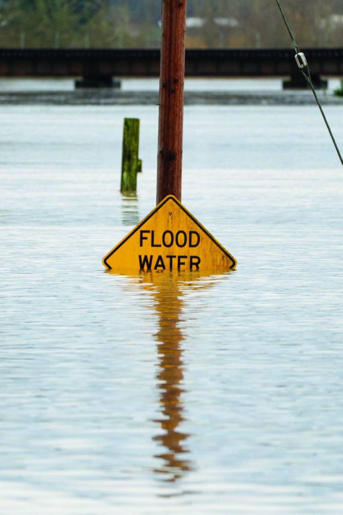 A sign warning drivers about flood water is partially covered by water in an area flooded by the Snohomish River, as an atmospheric river brings rain and flooding to the Pacific Northwest, in Snohomish, Washington, US. – Reuters