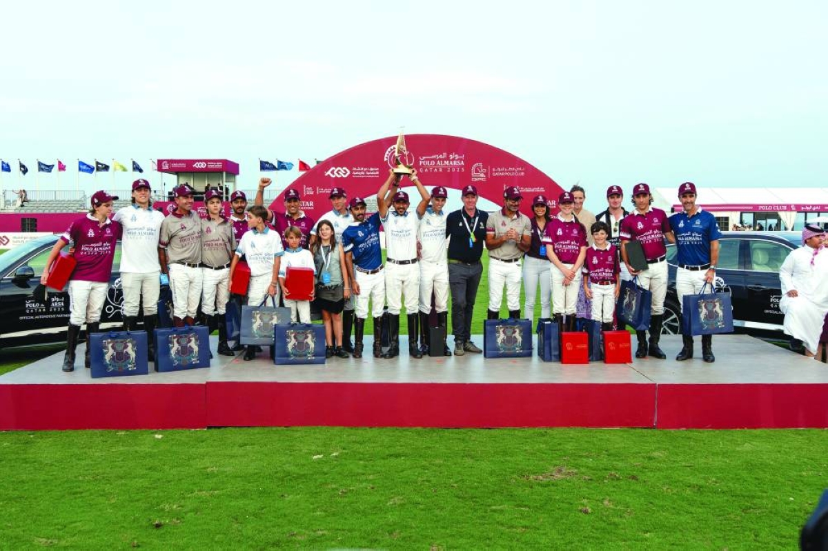 Winners pose on the podium after the conclusion of the Polo AlMarsa Qatar 2025 at Old Doha Port Saturday.