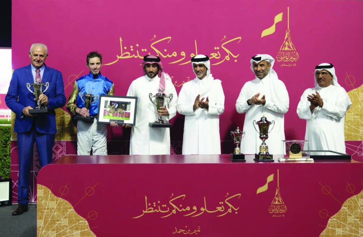 Minister of Sports and Youth His Excellency Sheikh Hamad bin Khalifa bin Ahmed al-Thani presented the trophies to the connections of Wathnan Racing’s RB Mary Lylah, which won the Qatar National Day Trophy.