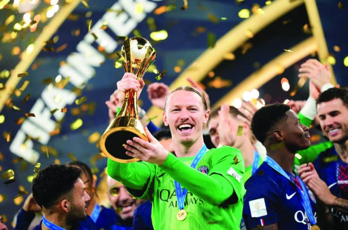 PSG goalkeeper Matvey Safonov with the Intercontinental Cup trophy.