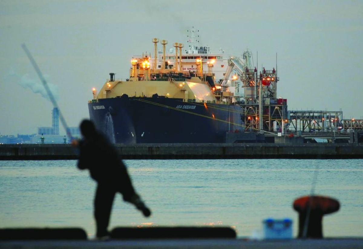 A liquefied natural gas tanker is moored at a thermal power station in Futtsu, east of Tokyo.