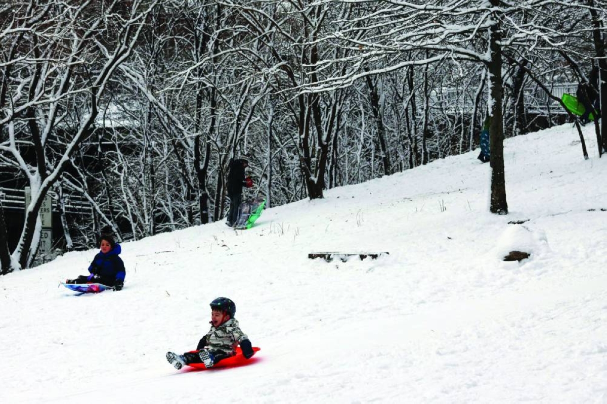Children sled in a park in the Brooklyn borough of New York City, Saturday.
