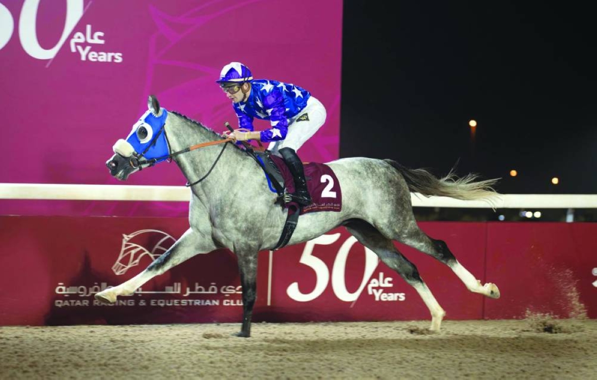 Jockey Lukas Delozier guides Mubkhar Al Shahania to the Ras Mlaiji Cup victory at the Al Uqda Racecourse Saturday.