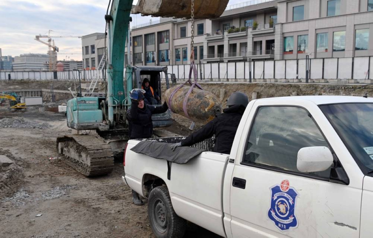 This handout photograph taken on December 28, 2025, and released by Serbia's Ministry of Interior, shows Serbian bomb disposal experts removing a 470-kg World War II aerial bomb, dropped on Nazi-occupied Belgrade in 1944, from a construction site in the Serbian capital. A 470-kilogram (1,000-pound) World War II aerial bomb was safely removed on December 28, 2025 from a construction site in the wider central area of Serbia’s capital, Belgrade, police said.
The US-made AN-M44 bomb was used during Allied air raids on German positions during the liberation of Belgrade from Nazi occupation in 1944. (AFP) The US-made AN-M44 bomb was used during Allied air raids on German positions during the liberation of Belgrade from Nazi occupation in 1944. (AFP) 