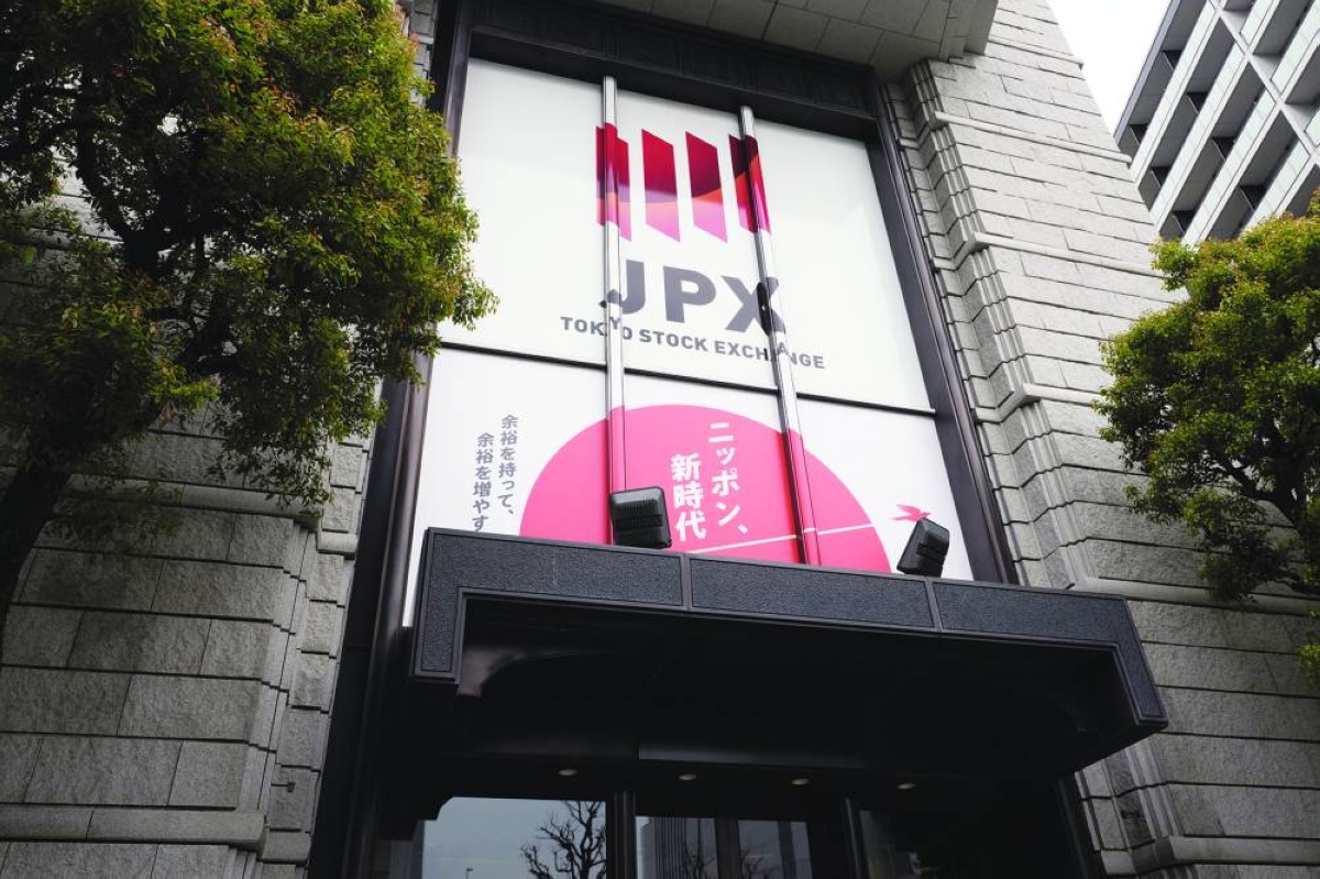 The Tokyo Stock Exchange building. Tokyo’s benchmark Topix index has weathered tariff shocks, two Bank of Japan rate hikes and a change of prime minister to gain about 23% this year, putting it on track for its biggest outperformance versus the S&P 500 since 2022.